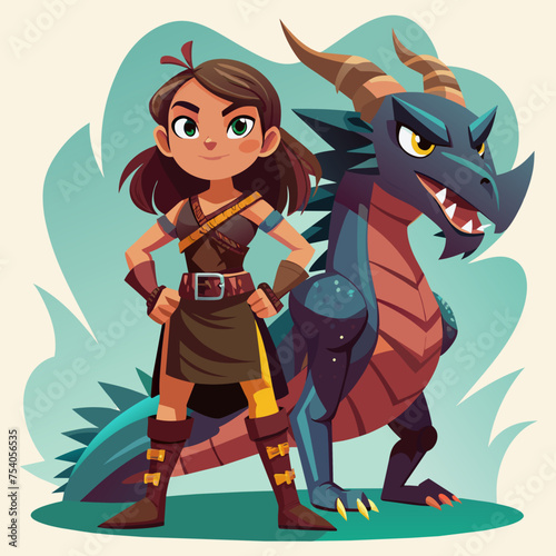Born to Roar Girls with Grit and Dragons by Their Side - Illustrate a fierce girl standing alongside her dragon companion  ready to take on any challenge with attitude and resilience.