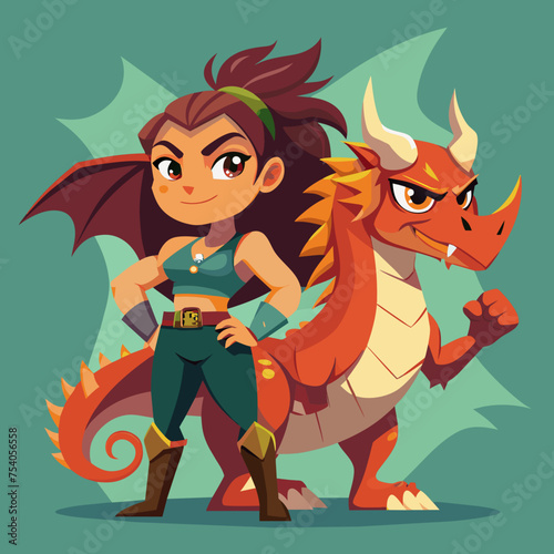 Born to Roar Girls with Grit and Dragons by Their Side - Illustrate a fierce girl standing alongside her dragon companion, ready to take on any challenge with attitude and resilience.