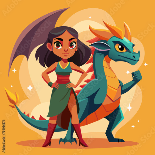 Born to Roar Girls with Grit and Dragons by Their Side - Illustrate a fierce girl standing alongside her dragon companion, ready to take on any challenge with attitude and resilience.