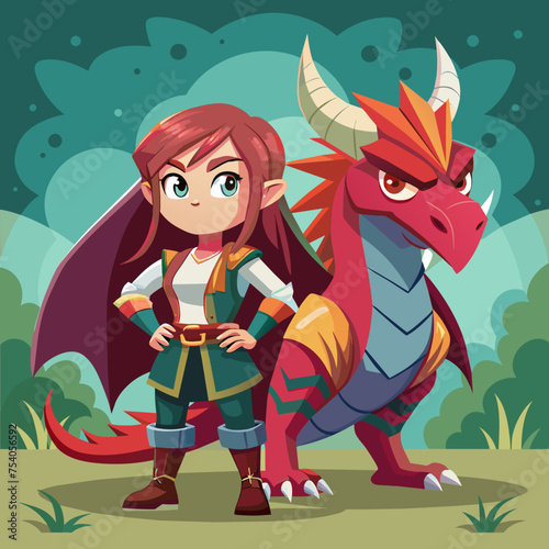 Born to Roar Girls with Grit and Dragons by Their Side - Illustrate a fierce girl standing alongside her dragon companion, ready to take on any challenge with attitude and resilience.