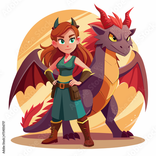 Born to Roar Girls with Grit and Dragons by Their Side - Illustrate a fierce girl standing alongside her dragon companion, ready to take on any challenge with attitude and resilience.