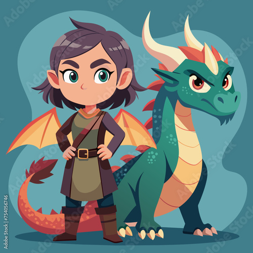 Born to Roar Girls with Grit and Dragons by Their Side - Illustrate a fierce girl standing alongside her dragon companion, ready to take on any challenge with attitude and resilience.