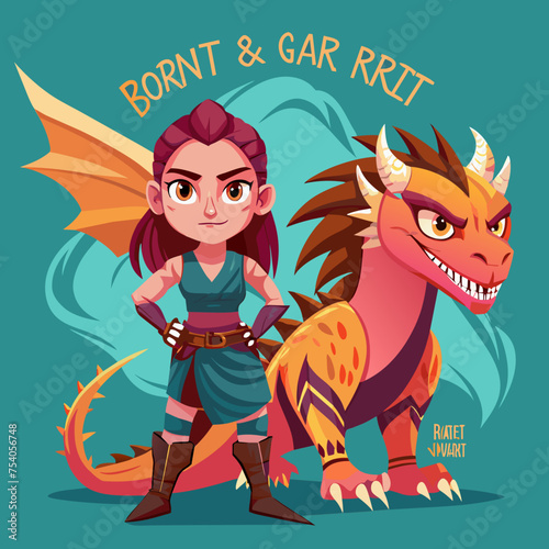 Born to Roar Girls with Grit and Dragons by Their Side - Illustrate a fierce girl standing alongside her dragon companion, ready to take on any challenge with attitude and resilience.