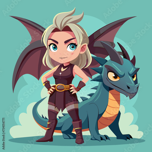 Born to Roar Girls with Grit and Dragons by Their Side - Illustrate a fierce girl standing alongside her dragon companion  ready to take on any challenge with attitude and resilience.