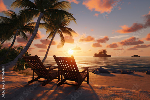 Beautiful tropical sunset view with two sun loungers, lounge chairs, beach