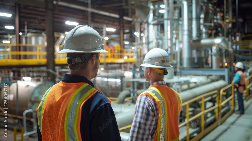 Workers in hard hats and bright orange vests move around the factory overseeing the production process and ensuring a smooth operation. Workers in hard hats and bright orange vests move around the factory overseeing the production process and ensuring a smooth operation.