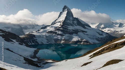 a lake surrounded by mountains, Situated in the middle of towering ice sheets and snow-capped peaks is an idealized snow-capped lake. imaginative tool, A stunning image is created by snow-capped mount photo