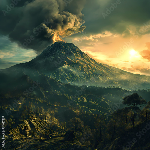 In the dead of night, the volcano erupted, sending torrents of lava and plumes of smoke skyward, casting a chilling ambiance over the landscape photo