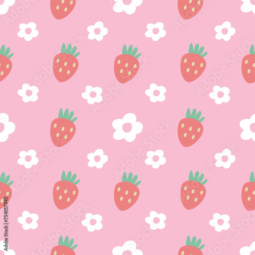 Seamless pattern with strawberry and white flowers on pink background 