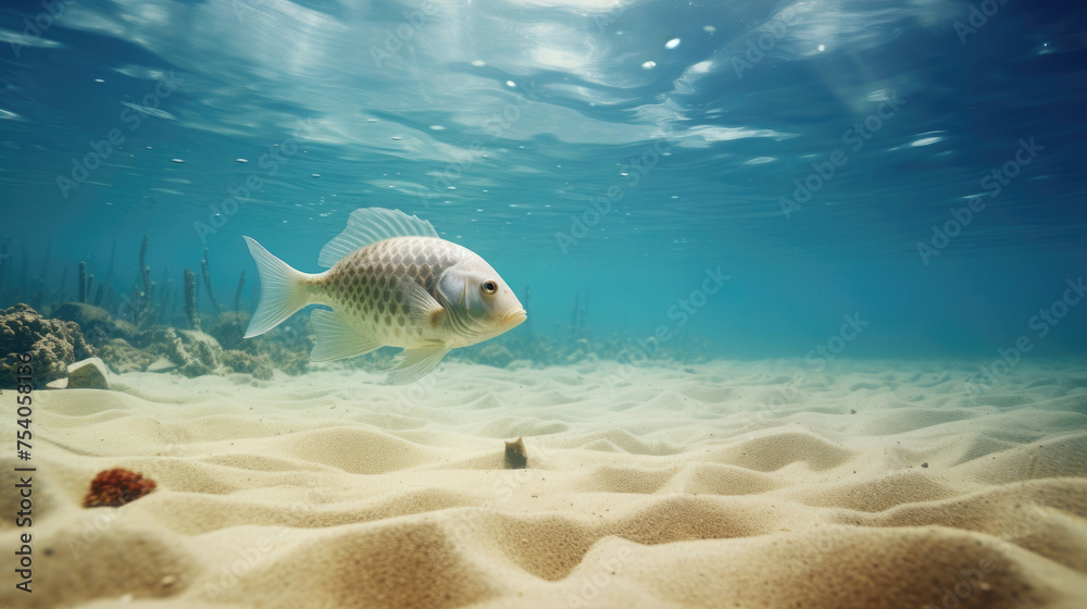 Obraz premium fish swimming underwater on a sandy beach in shallow waters and sunlight