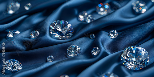   Shiny diamonds brilliants gemstones on navy blue silk fabric background        photo