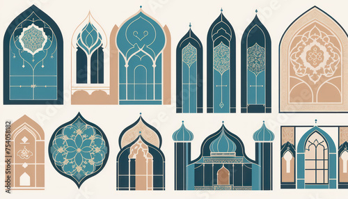 aset of different shapes and sizes of windows, decorative panels, islamic interior design, decorative ornament, ornamental edges, minarats, large motifs, art deco motifs, detailed ornaments, graphic 