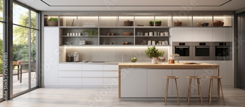 This image showcases a modern kitchen with white cabinets, built-in appliances, and a large window in a contemporary home. The kitchen boasts a significant amount of counter space,
