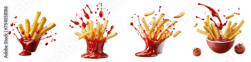 Delicious potato fries falling into splashing tomato ketchup  Hyperrealistic Highly Detailed Isolated On Transparent Background Png File © Wander Taste