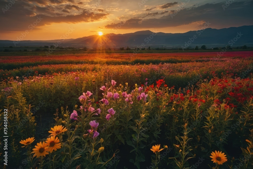 sunset over flower field