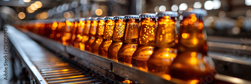 Beer Bottles on Production Conveyor Belt, A loaded container ship in the sea aerial view concept of international trade and shipping 