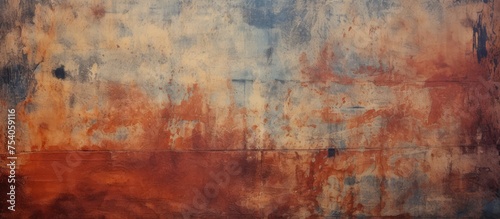 A painting featuring a color scheme of red  blue  and brown on a retro wall background. The colors blend and contrast  creating a visually striking abstract texture.