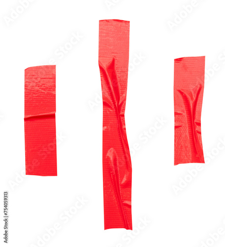 Top view set of wrinkled red adhesive vinyl tape or cloth tape in stripe shape isolated on white background with clipping path