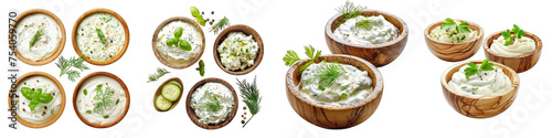delicious tzatziki sauces in wooden bowls Hyperrealistic Highly Detailed Isolated On Transparent Background Png File