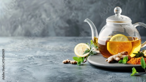 Glass teapot with ginger tea, lemon, turmeric root and mint on grey background with space for text. Cold and flu season concept. Generative Ai