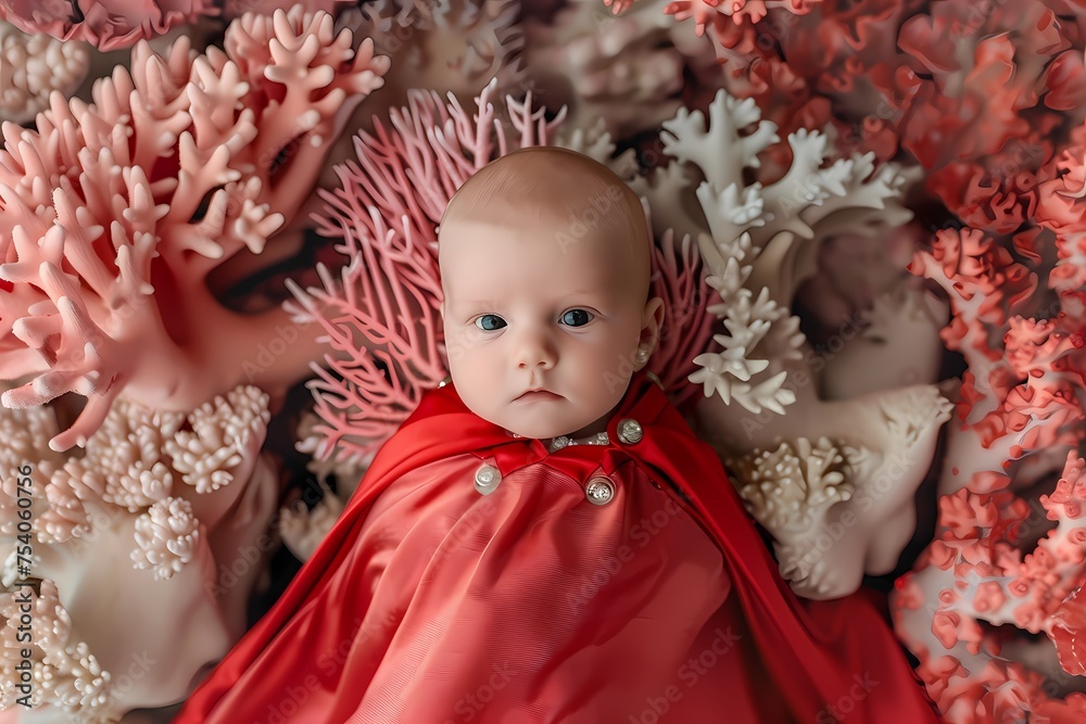 Amidst a backdrop of soft coral, the most adorable baby wears a tiny superhero cape, creating a scene of courageous and heart-melting cuteness. Amidst a backdrop of soft coral, the most adorable baby wears a tiny superhero cape, creating a scene of courageous and heart-melting cuteness.
