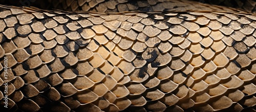 This detailed close-up showcases the textured scales of the Crotalus ornatus, commonly known as the Eastern Black-tailed Rattlesnake. The intricate pattern and unique texture of the snake skin are photo