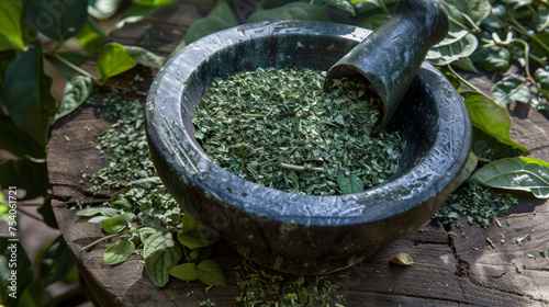 A mortar and pestle filled with crushed herbs representing the connection between the physical act of grinding and the spiritual belief that plants have healing energy.