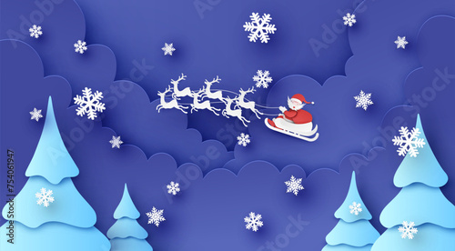 Santa Claus in a sleigh with reindeer flying on Christmas night sky. Merry Christmas. Xmas. paper cut and craft style. vector, illustration.