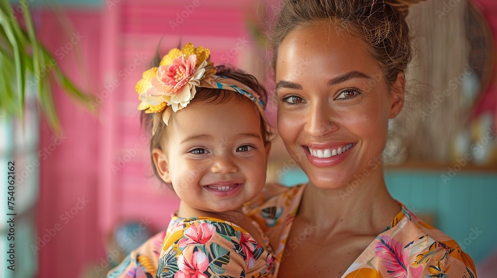 Hawaiian-dressed mother and infant grinning against a pink backdrop. Hawaiian-dressed mother and infant grinning against a pink backdrop.