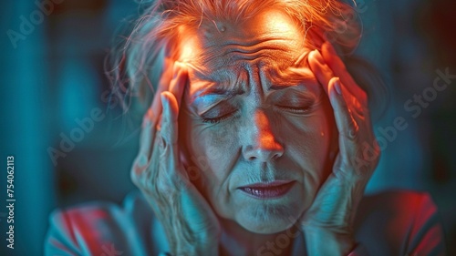 An adult woman with a migraine. An elderly woman clutching her head in agony due to a headache.