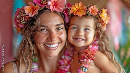 Hawaiian-dressed mother and infant grinning against a pink backdrop.