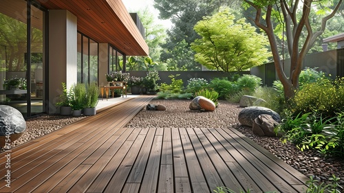 Design ideas for an outdoor hardwood floor deck. © Sawitree88