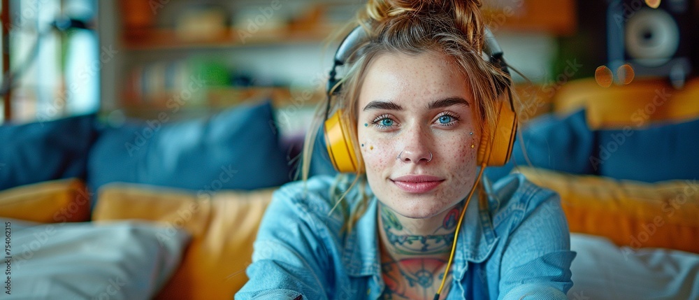 a modern woman with tattoos who enjoys music at home.