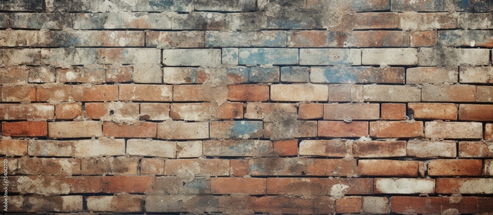 Naklejka premium A weathered brick wall showing signs of age, with faded paint adding character to the vintage charm of the textured background. The worn surface hints at a history of use and exposure to the elements.