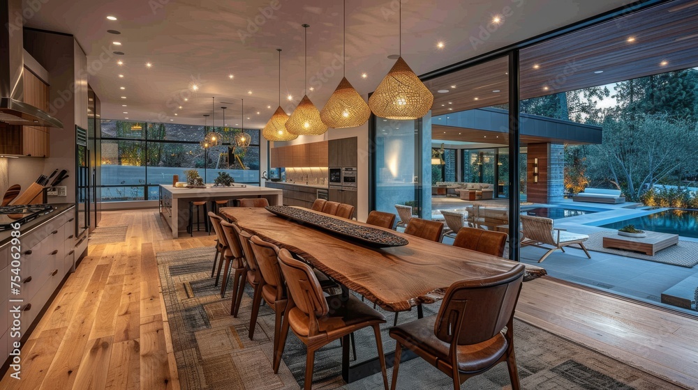 Contemporary dining room interior design with an emphasis on sleek lines organic materials and statement lighting fixtures creating an inviting atmosphere for gatherings and meals