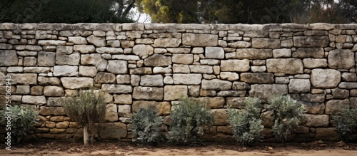 A stone wall covered in various plants and foliage, showcasing the resilience of nature to thrive in unexpected places. The greenery contrasts with the rough texture of the stone, creating a unique