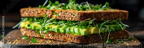  Avocado Sandwich with Microgreen Sprouts on a Wooden Board,
Avocado toasts for breakfast or lunch with rye bread avocado arugula seeds salt and pepper Veg
 photo