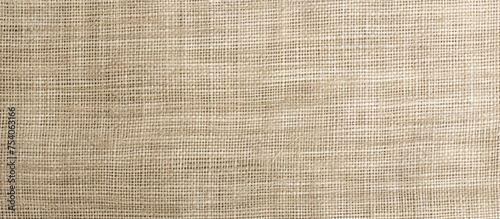 A detailed close-up view of a beige linen fabric texture, showcasing its natural light coloring and resemblance to burlap sackcloth. The intricate weave and tactile quality of the fabric are