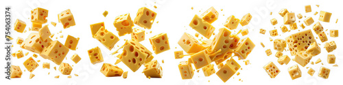 Flying cubic pieces of delicious cheese  Hyperrealistic Highly Detailed Isolated On Transparent Background Png File