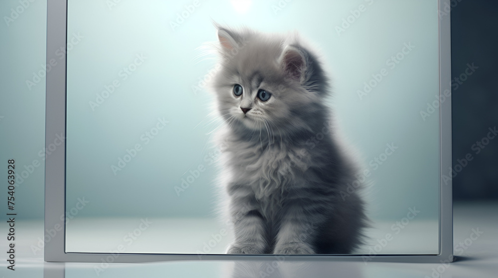 Little fluffy kitten on a gray backgroun
