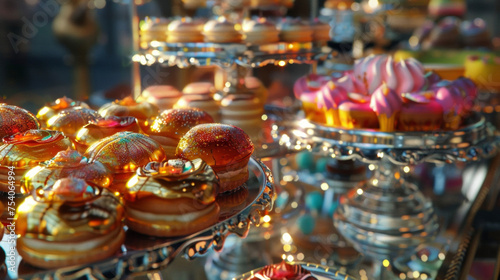 A feast for the senses with the aroma of freshly baked goods filling the room. The pastries are displayed on shiny silver trays their colorful glazes reflecting the light. © Justlight
