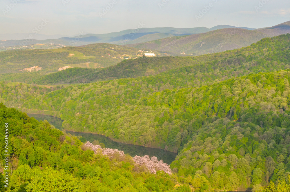 scenic view of Gökçe Reservoir inlet and mountains in spring near Termal (Yalova, Turkey)