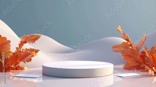 Fototapeta Naklejka Na Ścianę i Meble -  Empty white platform display with autumn leaves and wave overlap geometric background. 3D mockup podium