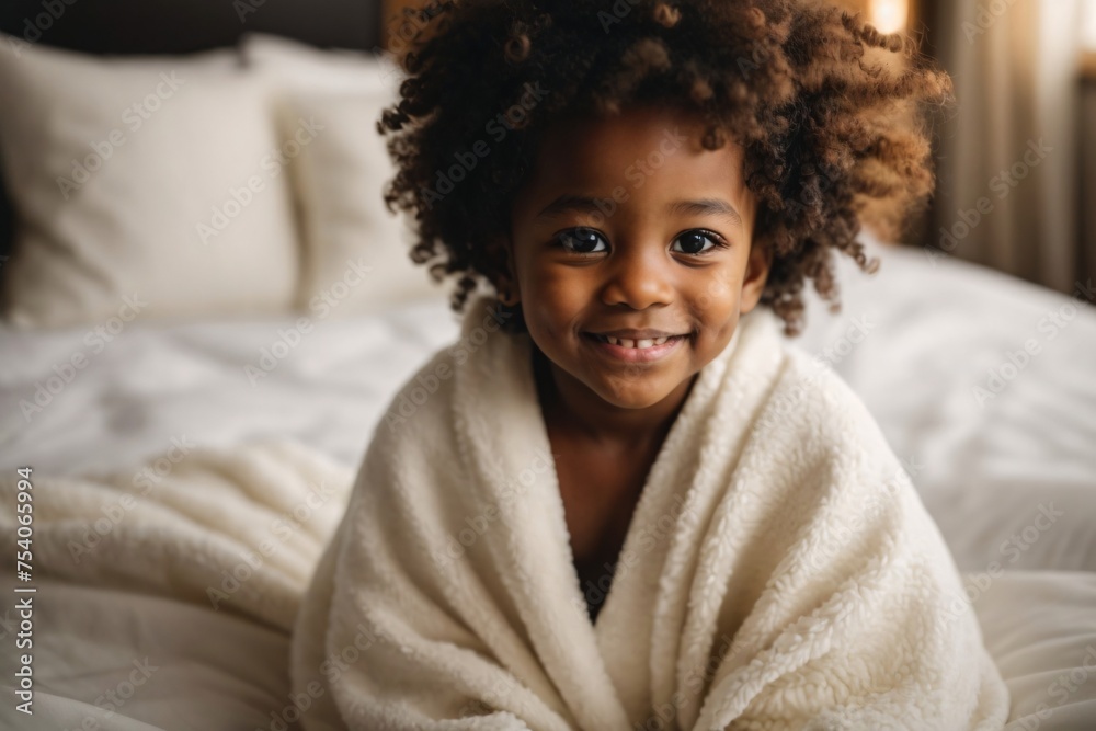 a very cute little black african baby kid with afro hair wrapped in soft white blanket on a bed. a very cute little black african baby kid with afro hair wrapped in soft white blanket on a bed.