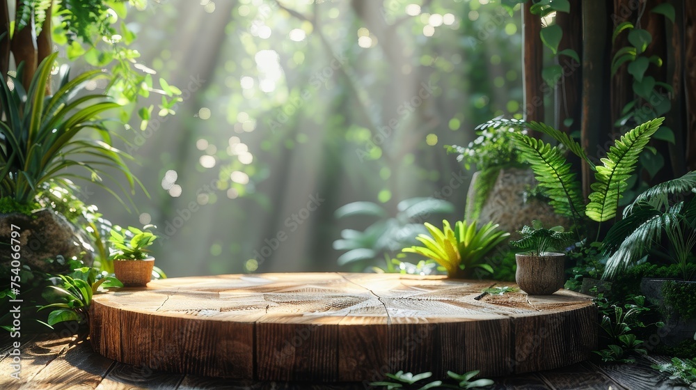Eco-Friendly Product Display on Wooden Podium Surrounded by Lush Greenery and Soft Sunlight, Featuring Recycled Material Banner Template, Promoting Sustainability and Organic Lifestyle Concept Eco-Friendly Product Display on Wooden Podium Surrounded by Lush Greenery and Soft Sunlight, Featuring Recycled Material Banner Template, Promoting Sustainability and Organic Lifestyle Concept