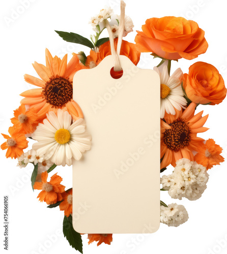 price tag with orange flower decoration isolated on white or transparent background transparency 