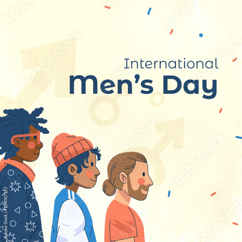 Illustration of diverse men from different backgrounds on a light background. Celebrates men's contributions to family, community, and society with vibrant colors and minimalist design