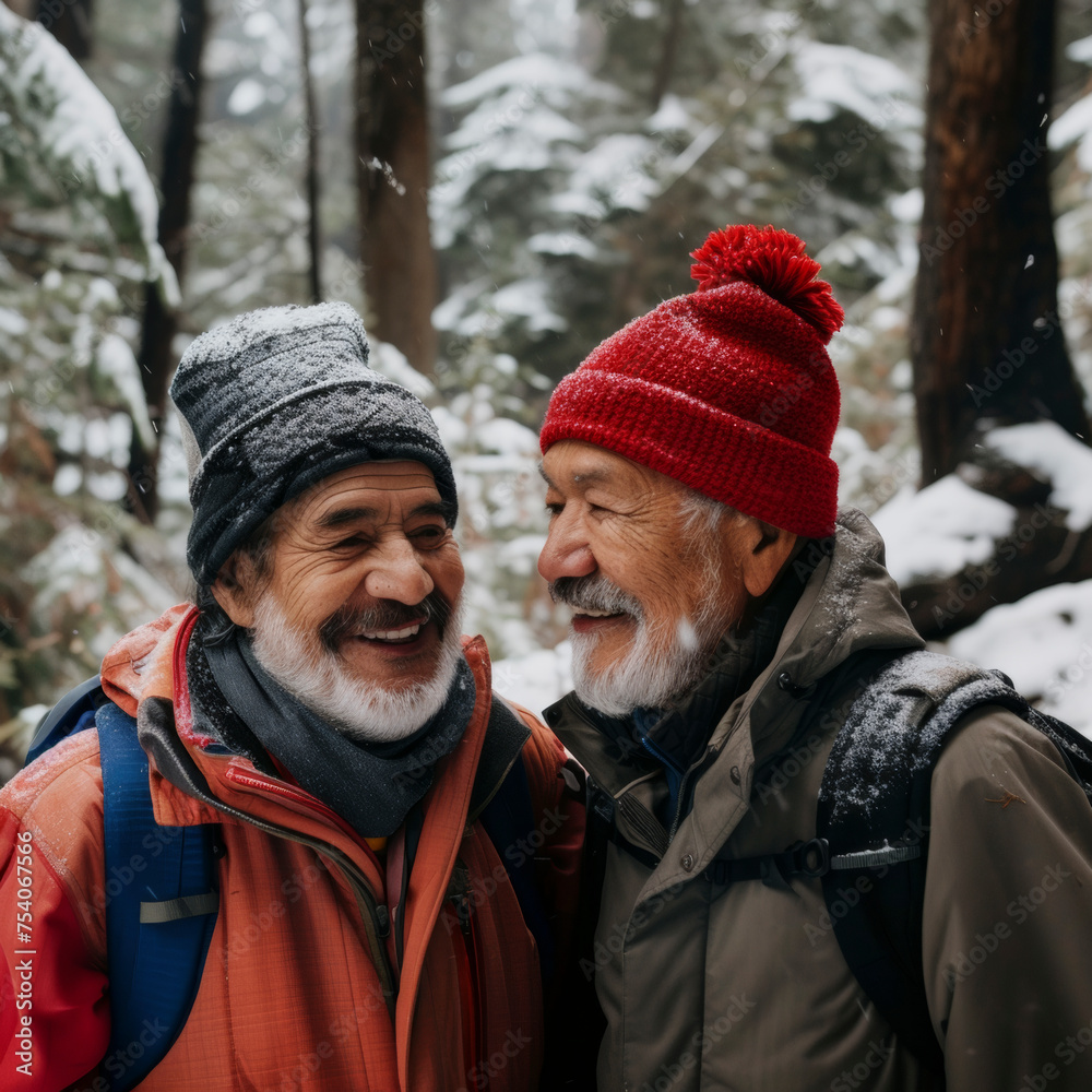 Senior Friends on winter hike in snowy forest.