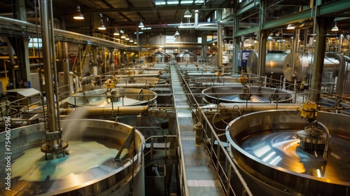Large vats and machines hum noisily as they mix and process ingredients.