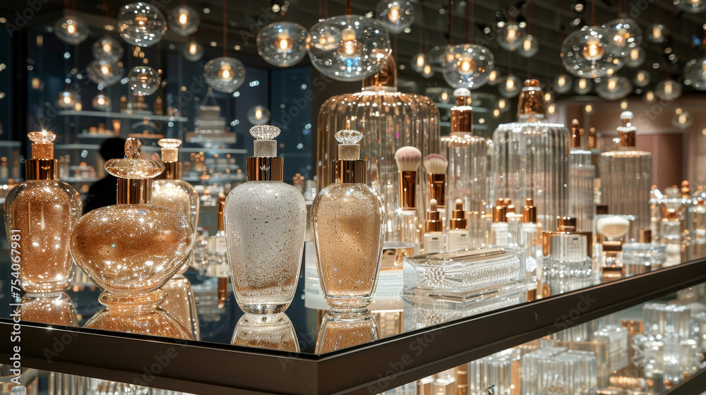 Luxurious Cosmetic Display on Mirrored Pedestal Surrounded by Crystal Lights, Diamond Makeup Brushes, and Gold Skincare Jars, Embodying Opulence and Glamour Concept